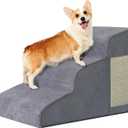 Pet Stairs, Dog Stairs for Small Dogs, Dogs Steps, 3-Step Curved Dog Ramp for Bed, Couch, Sofa, Car and Chairs, Non-Slip Bottom Design, Cat Scratching Board, High Density Foam Portable Pet Step, Grey