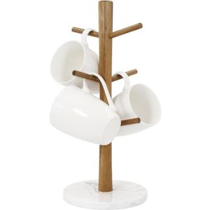 Buruis Wood Mug Holder, Marble Base Cup Rack Tree, Mug Stand Hanger, Kitchen Coffee Tree Countertop Tea Holder Stand, Coffee Cup Dryer with 6 Hooks (Round Base White)