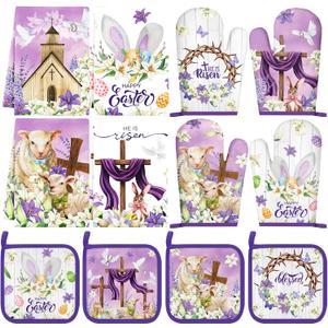SiliFine 12 Pcs Easter Kitchen Accessories Set Easter He is Risen Oven Mitts Pot Holders Kitchen Towels Christian Religious Decorations for Home Accessories, Cooking Baking Gifts