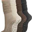 YSense 4 Pairs Pilates Socks with Grips for Women Non Slip Long Slouch Socks Yoga Grippy Sock Slouchy Barre Hospital Slipper (Black Coffee Khaki Milky White)