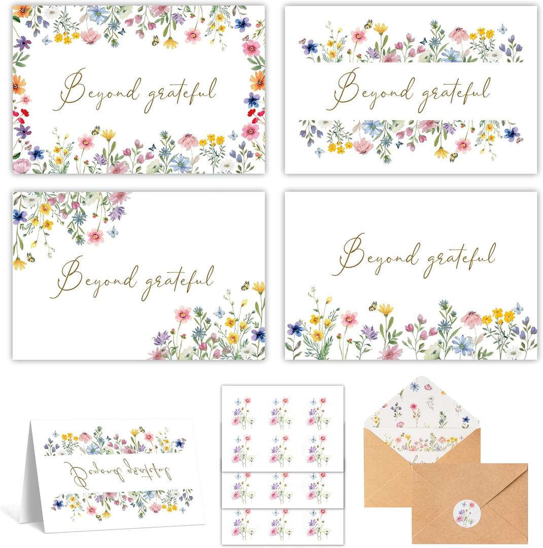 4 x Yopyame Wildflower Thank You Cards - 52PCS Wildflower Beyond Grateful Thank You Cards With Envelopes And Stickers Floral Thank You Notes With Envelopes Greeting Cards For Wedding Baby Shower