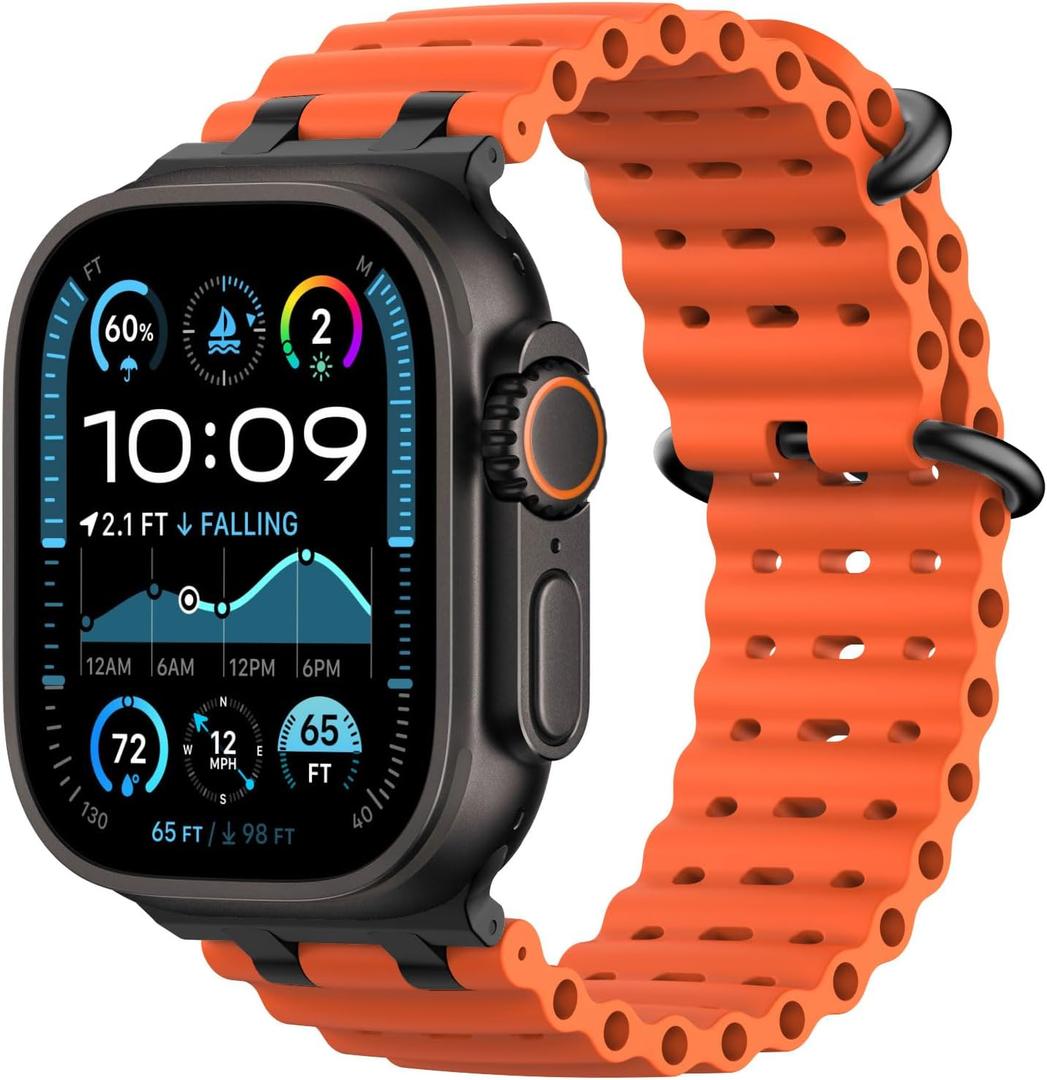 Upgraded Ocean Band Compatible with Apple Watch Ultra 2/Ultra 49mm,S10 46mm,9/8/7 45mm,SE2/SE/6/5/4 44mm,3/2/1 42mm, Metal Connector Breathable Sport Watch Strap for Men Women (Black/Orange)