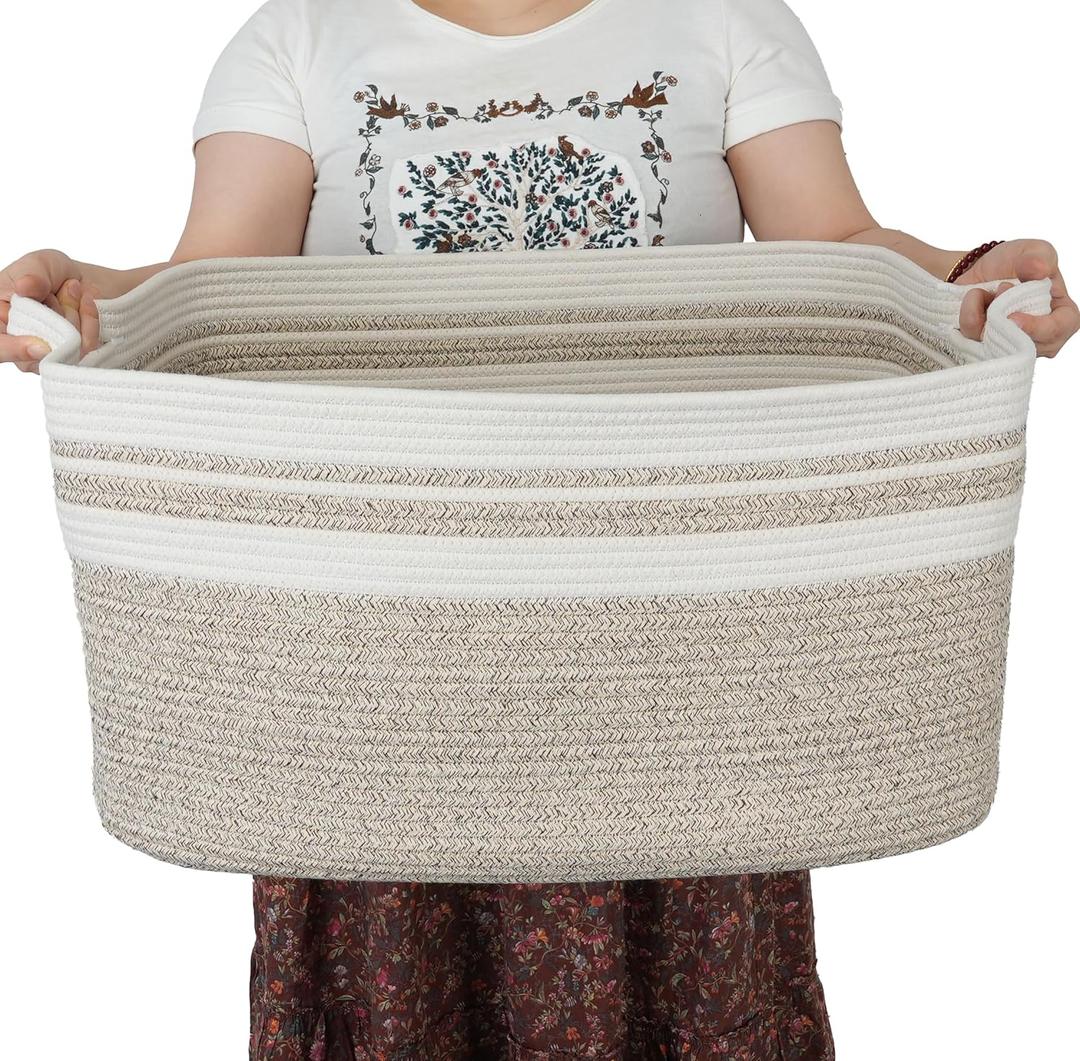 Large Rectangle Blankets Basket Living Room 22"x17"x12" Woven Cotton Rope Storage Baskets for Nursery Toy Baskets for Kids Wicker Laundry Basket Bin for Clothes Towels white brown
