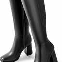 Ankis Knee High Boots for Women Squared Toe Chunky High Heel with Side Zipper Long Boots (9, Black Pu)