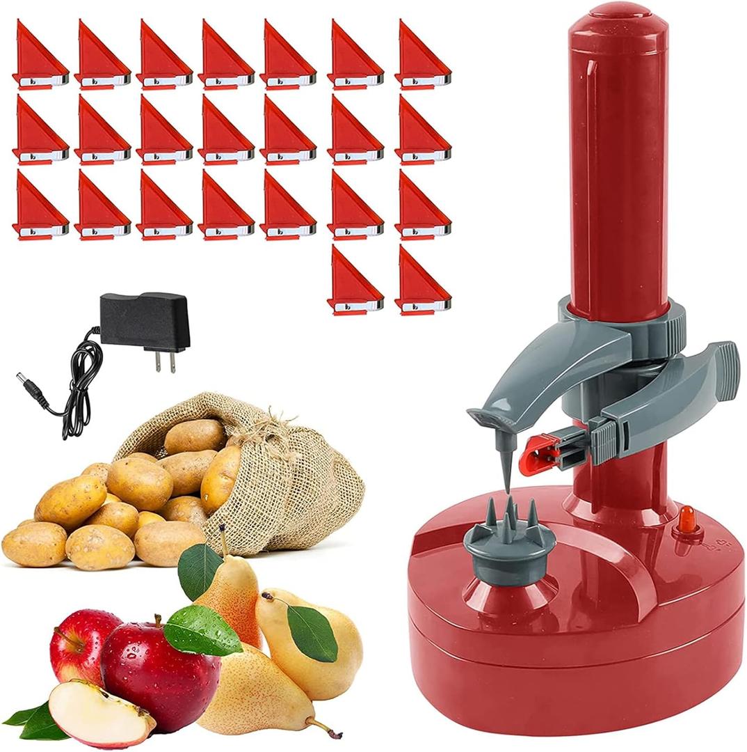 Electric Potato Peeler With 23 Replacement Blades Rotato Express Stainless Steel Automatic Rotating Fruits Fruit Potato Peeler Vegetables Cutter Apple Paring Machine Kitchen Peeling Tool (Red)