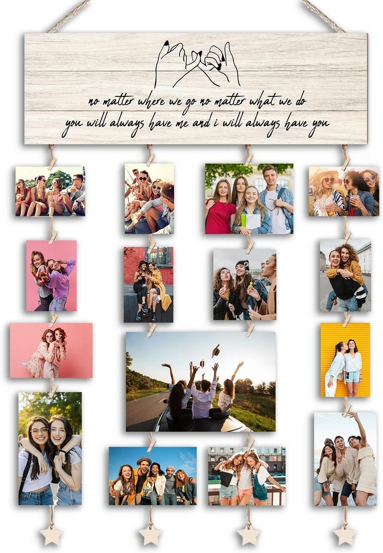 Orchroma Friends Picture Frames Collage Wall Decor,Long Distance Friendship Gifts,Friends Photo Picture Board,Hanging Photo Display with Clips,Home Liveing Room Dorm Bedroom Wall Decor(Burlywood) (15.7x5 inch)
