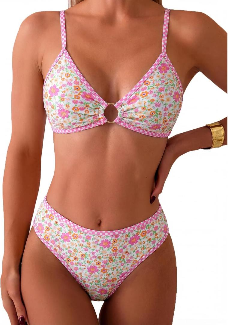 Tainehs Women's Two Piece Bikini Sets O Ring Front Top Ditsy Floral Triangle Swimsuits Cheeky Bathing Suit (M)