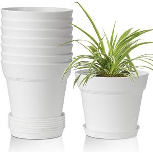 T4U 6 Inch Plant Pot 8-Pack, Plastic Planter with Drainage Hole and Saucer, Decorative Nursery Pots Bulk for African Violet, Snake Plant, Succulent, Herb and Plants Indoor (8 Pcs 6" Pots, White)