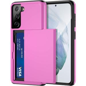 Jiunai for Samsung Galaxy S21 Case Credit Card IDs Cash Holder Shell Wallet Case Slide Cover Dual Layer Hard PC Soft TPU Rubber Cover Phone Case for Samsung Galaxy S21 5G 6.2'' 2021 Pink