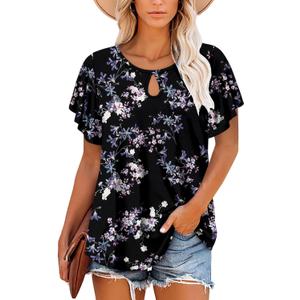 ONLYSHE Womens Summer Tunic Tops Ruffle Sleeve Pullf Short Sleeve Shirts (Black, M)