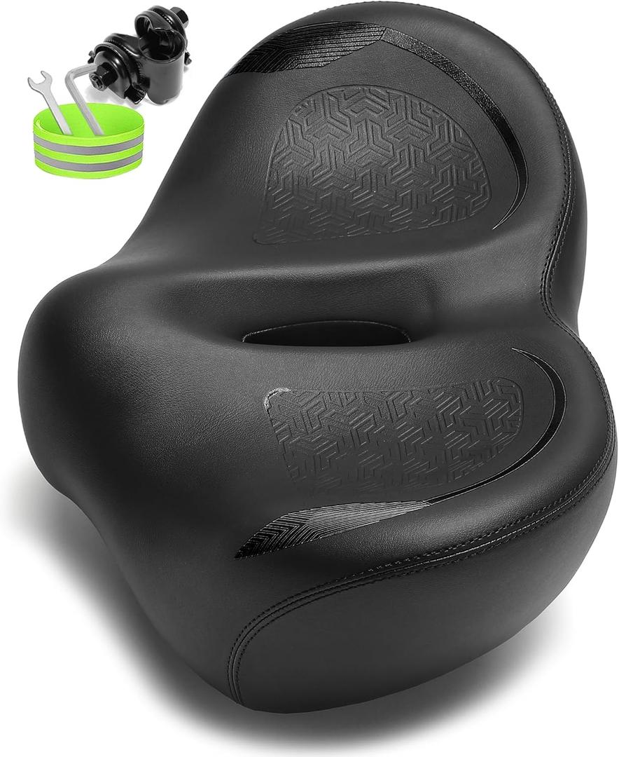Noseless Oversized Bike Seat for Men Women Comfort, Extra Wide Padded Bicycle Seat Cushion, Large Comfortable Replacement Bike Saddle for Peloton Bike, Stationary Exercise Bike, City Bike, Ebike (Black)