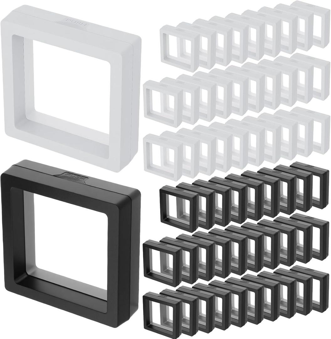 60 Pcs 3D Floating Display Case 2.8 x 2.8 x 0.8 Inch Coin Frame Display Holder Stands for Antique Challenge Coins, Jewelry, Shells, Gems, Minerals, Rocks, Specimen, Pins(Black,White)