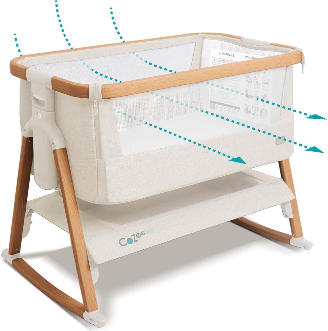 Tutti Bambini CoZee Air Baby Bassinet & Bedside Sleeper - Rocking Bassinet for Baby, Fast-Folding with Travel Bag, Deluxe Airflow Mattress & 6 Mattress Heights, 0-6 Months (Walnut & Ecru)