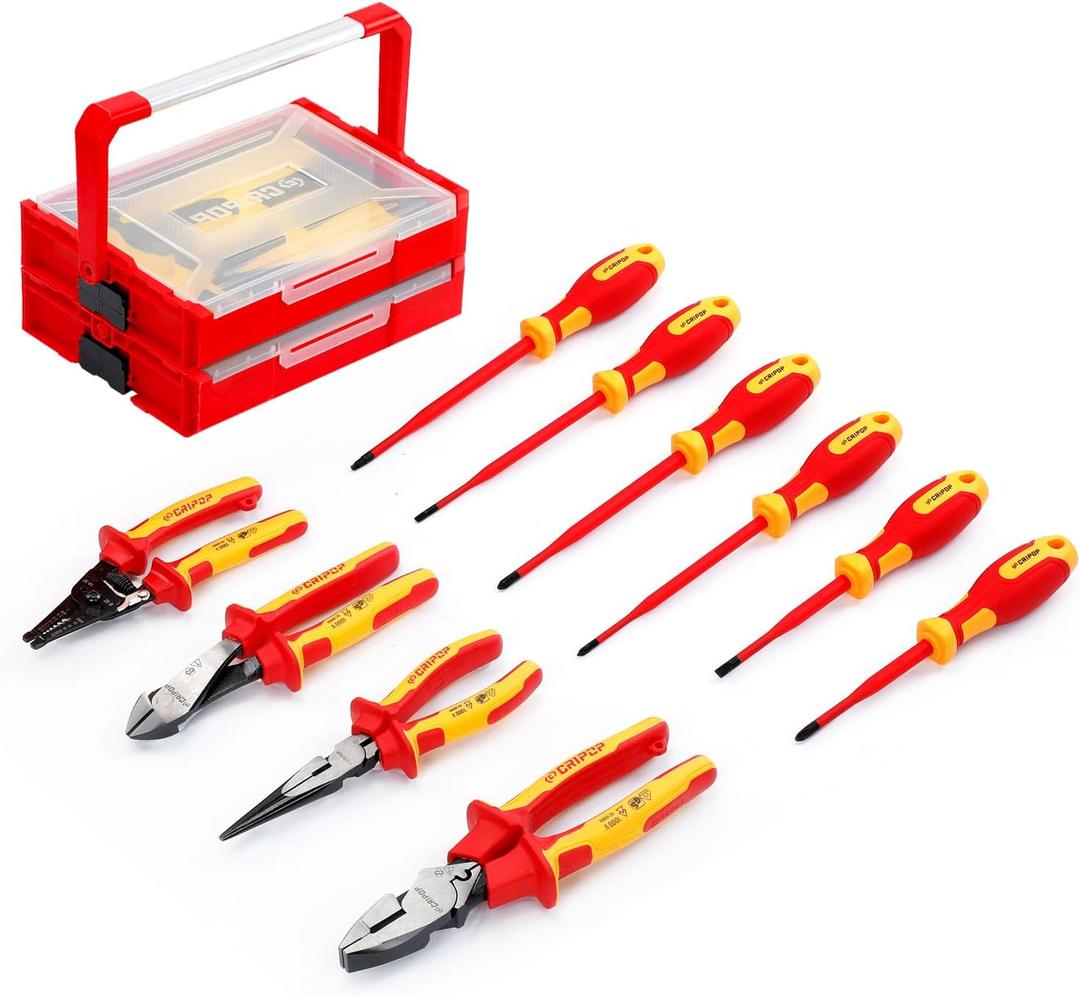 10 PCS Insulated Screwdriver and Pliers Set, 1000V Insulated Electrician Tool Set with 6 Phillips & Slotted Screwdrivers, 4 Insulated Pliers and 2 Stackable Tool Box