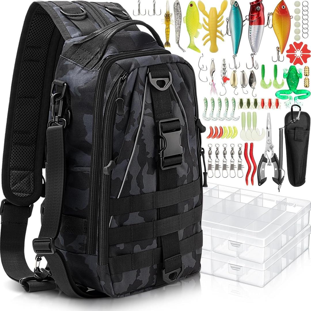 85 Pcs Fishing Backpack with Tackle Boxes, Tackle Sling Bag with Rod Holder, Fishing Lures Kit and Pliers Set for Men Women (Incognito Camouflage)