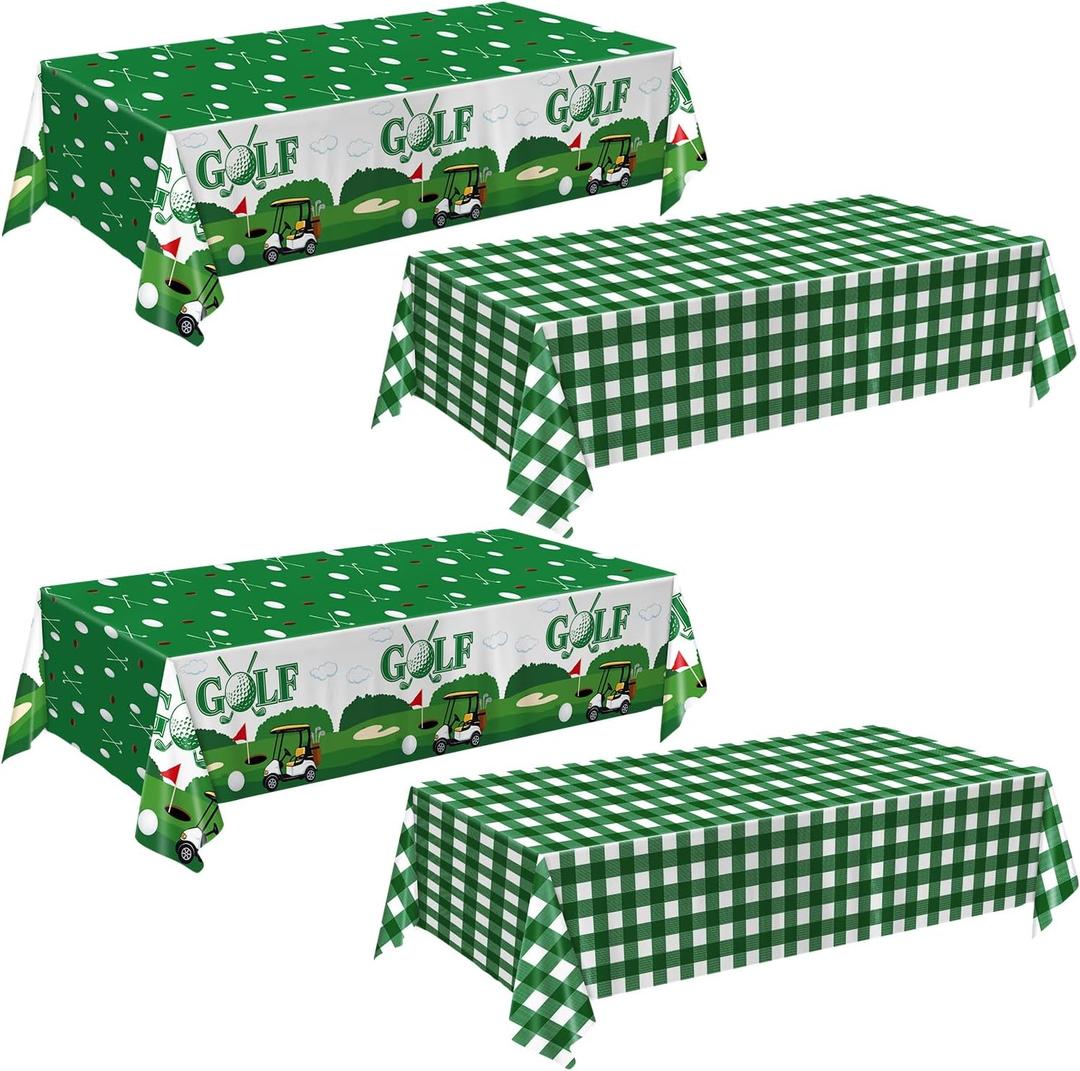 QIYANPAX 4 Pack Golf Party Tablecloths Green Gingham Tablecloth and Golf-Themed Plastic Table Covers Disposable Tablecloths for Birthday Outdoor Party Decorations, 54 108 Inch