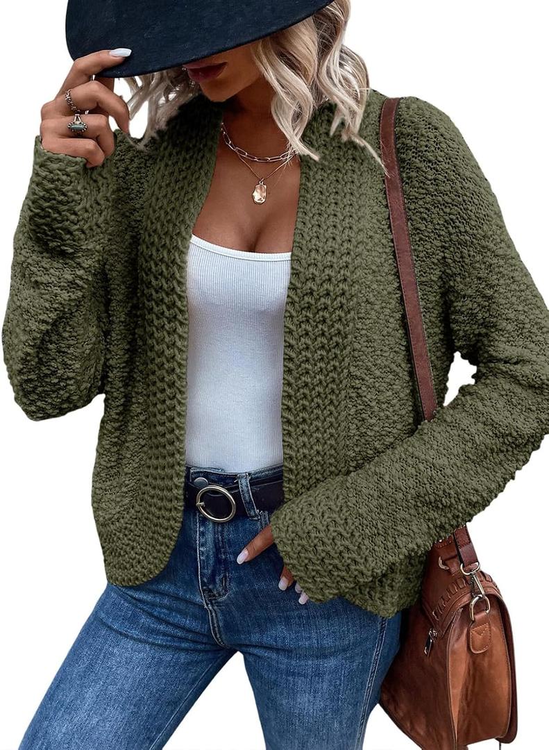 Dokotoo Women's 2026 Fashion Casual Open Front Long Sleeve Chunky Knit Cardigans Sweaters Outerwear Coats (Green, M)