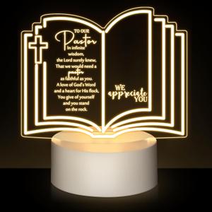 Kosiz Pastor Appreciation Gift Engraved Thank Clergy Sayings Acrylic Night LED Light with Base Christian Inspirational Desk Decor Gift for Fathers Day Church Baptism Jesus Church Favors(Pastor)