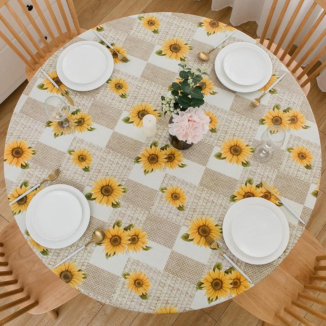 LIBERECOO Round Vinyl Fitted Tablecloth with Flannel Backing Elastic Edge Table Cover Waterproof Stain-Resistant Wipeable Tablcloths Fits 45-56" Round Tables