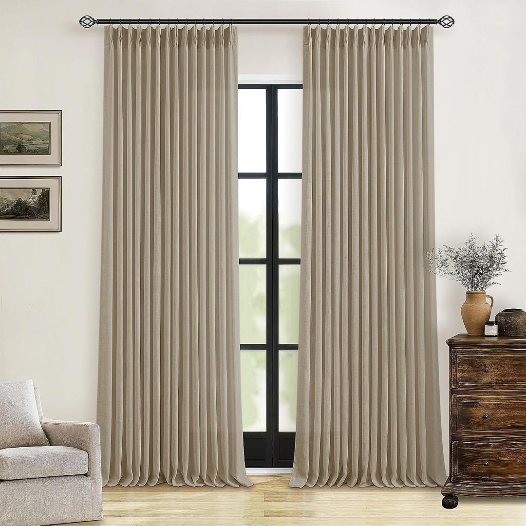 Pinch Pleated Linen Curtains 102 Inches Long 2 Panels Set for Living Room Bedroom Farmhouse Burlap Back Tab Pinch Pleat Drapes Ceiling Floor Window Curtains 102 Inch Length Gray Beige Tan Neutral