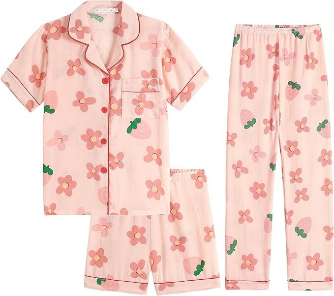 Hupohoi Big Girls Button Down Pajama Set 3pcs Short Sleeve Long Pants with Shorts Crepe Wrinkled Fabric Sleepwear Nighty 12M