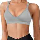 VEQING Seamless V-Neck Women Sports Bras, Padded Cross Back Wireless Low Impact Workout Yoga Bras for Small Chests, (2pack(gray+brown))