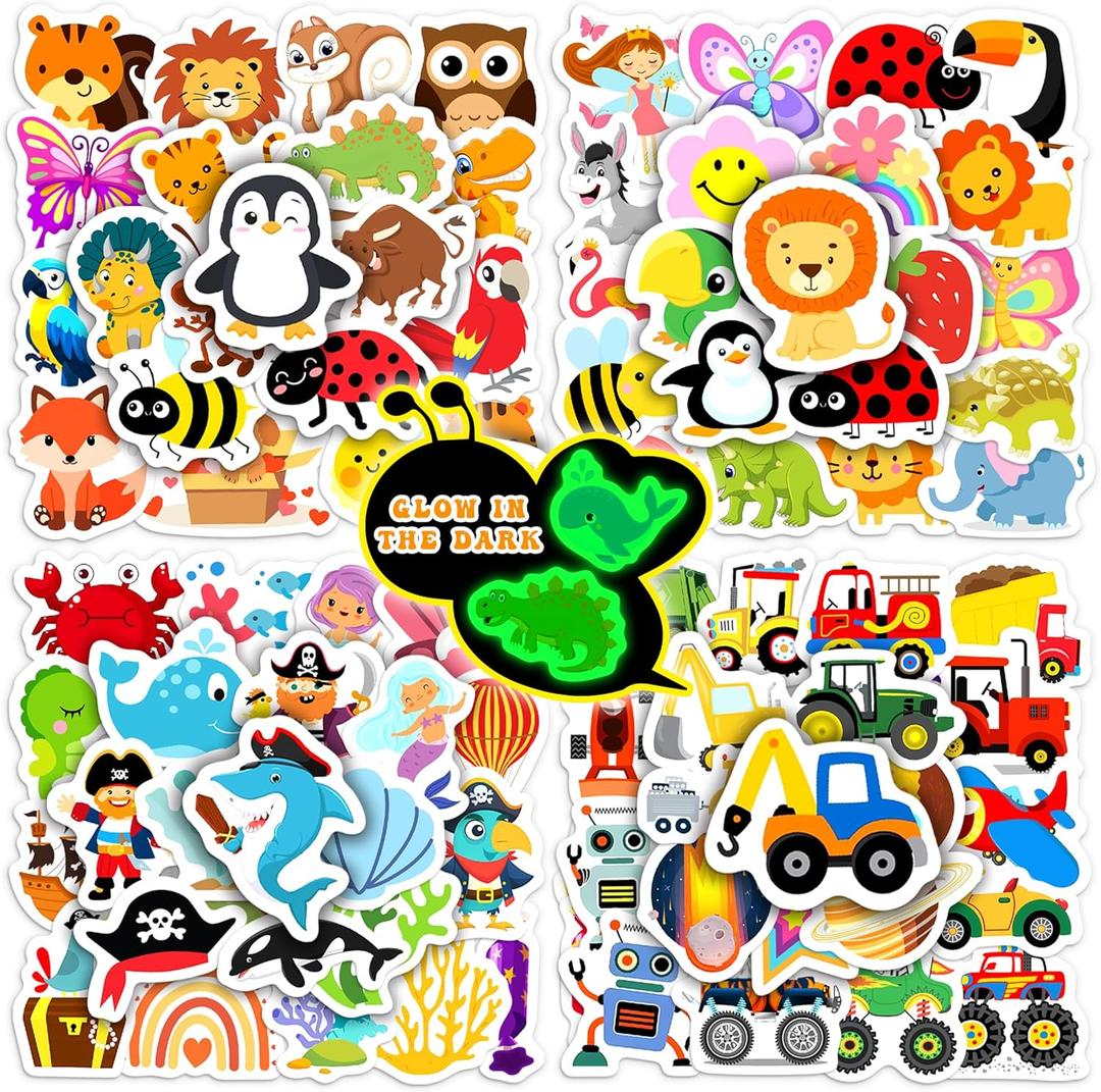 Glow in The Dark Cartoon Water Bottle Sticker for Kids, 100 pcs Waterproof Cute Vinyl Laptop Decals, Kids Teens Adults Phone Case Scrapbook Helmet Skateboard Luggage Decoration