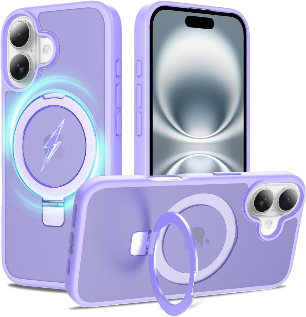 Ultra-Magnetic Stand for iPhone 16 Plus Case [Military Drop Protection] [Compatible with MagSafe] Shockproof Translucent Matte Slim Ring Holder Case for iPhone 16 Plus (Lavender Purple)
