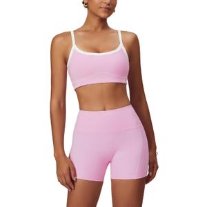 Workout Sets for Women 2 Piece Contrast Panel Sports Bra Tummy Control Butt lifting Shorts Jogger Outfits (Pink, L)