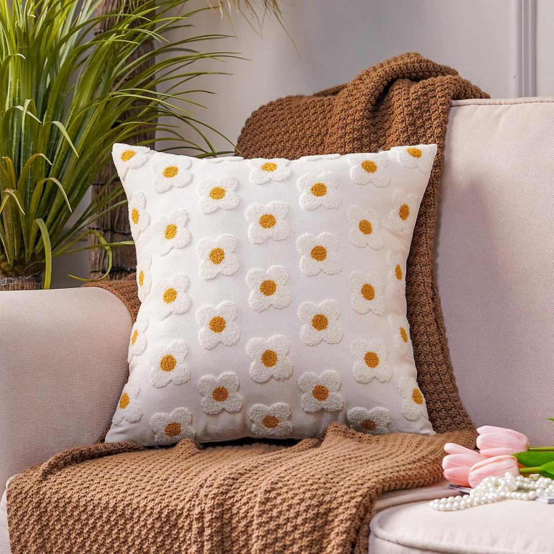 ARTMAGIC Daisy Embroidery Floral Throw Pillow Covers Spring Summer Decorative Pillowcase Square Cushion Cover for Couch Sofa Bed Living Room Bedroom Decor (18x18 Inches, Daisy Beige)