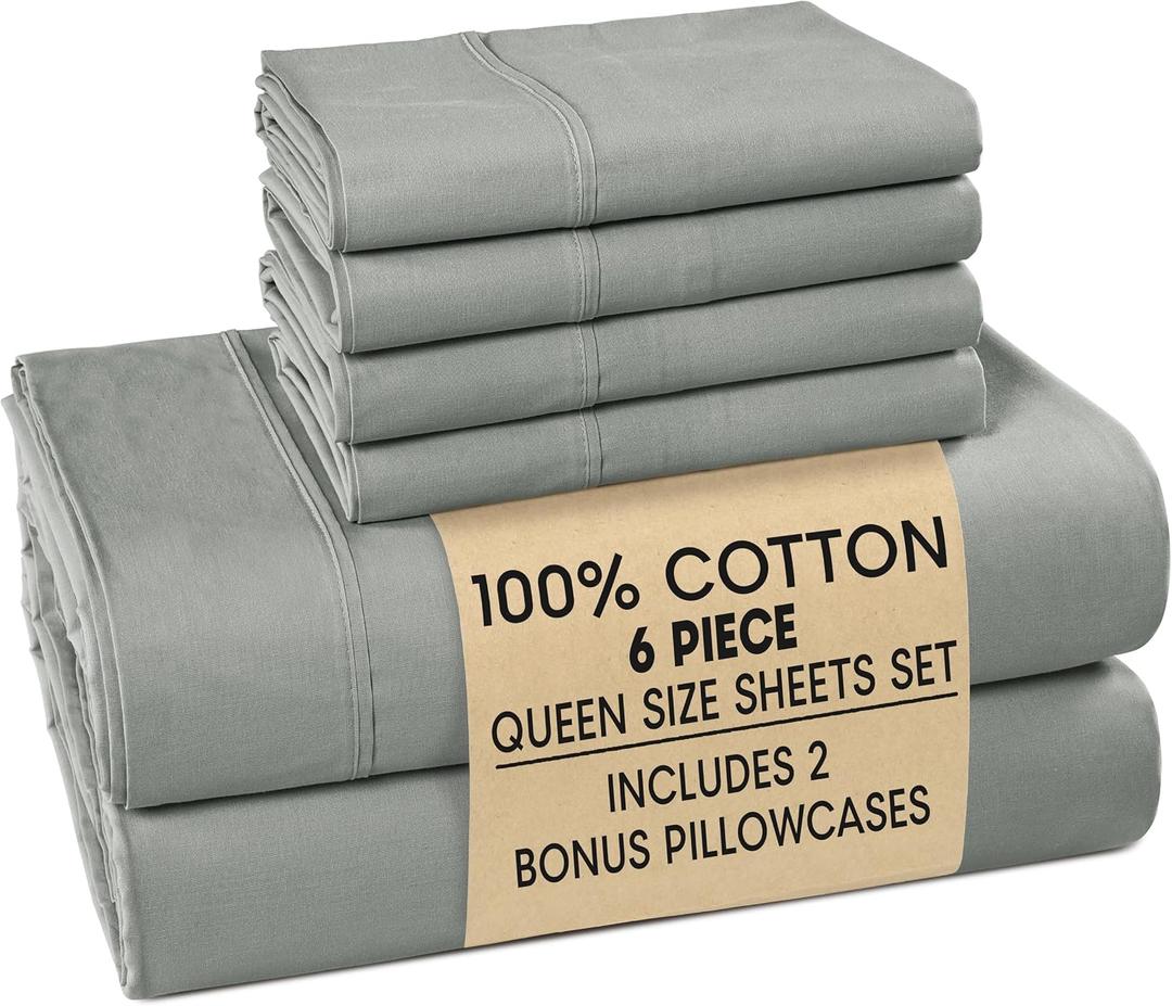Casa Platino Bed Sheets Queen – 100% Cotton Queen Size Bed Sheet Set with 4 Pillowcases, Cool and Soft Percale Fabric, Ideal for All-Season Comfort, Ultra Soft With 15" Deep Pocket Fitted Sheet – Grey