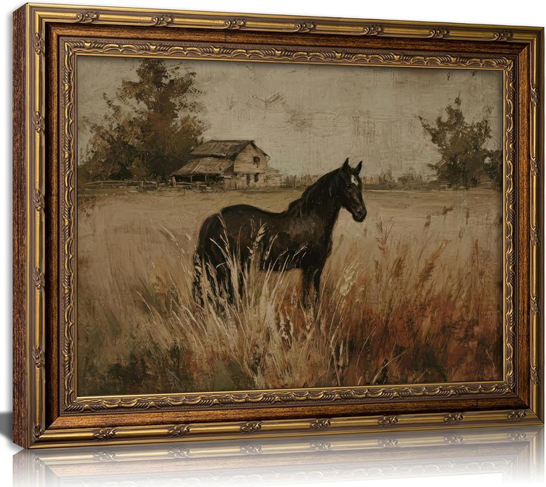 Vintage Gold Framed Horse Canvas Wall Art, Retro Rustic Farmhouse Animal Painting Picture Wall Decor, French Country Pastoral Landscape Equestrian Poster Print Artwork, for Home Living Bedroom, 11"L x 9"W