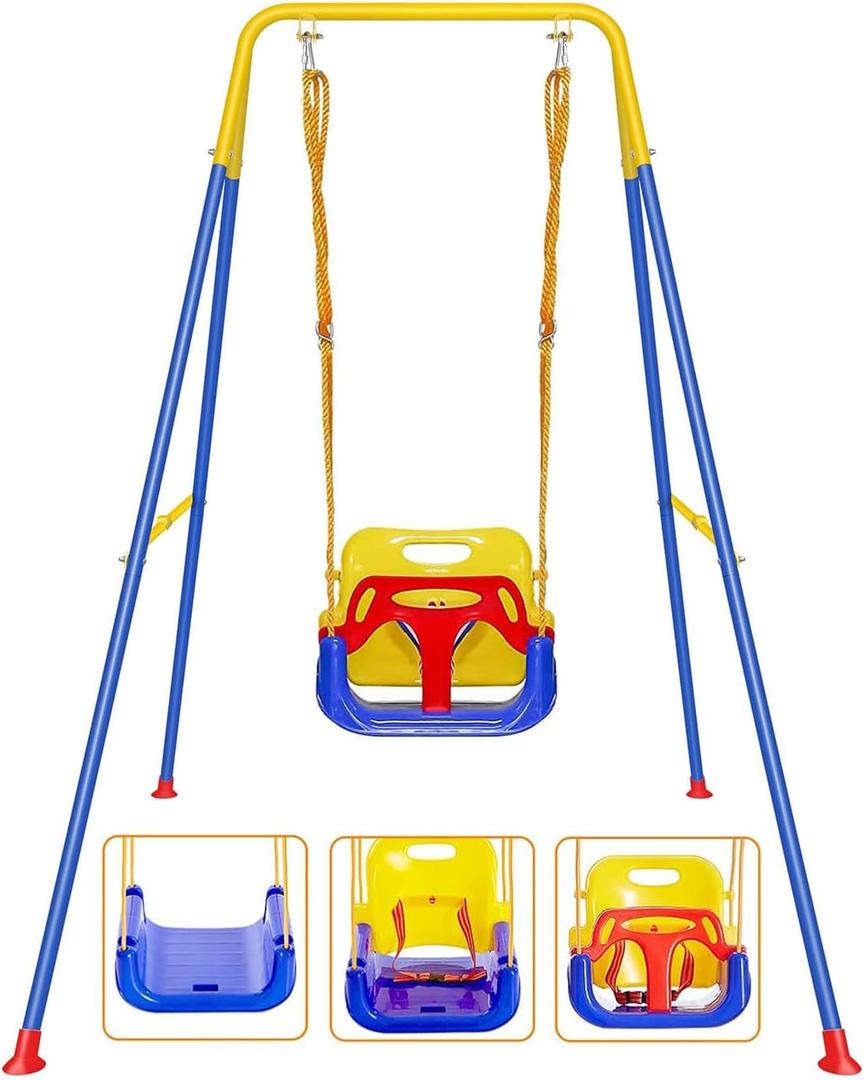 3 in 1 Toddler Swing with Frame, Outdoor Indoor, Baby Swing with Safety Belt for Indoor and Outdoor Use, Foldable Metal Stand & Clear Instructions, Easy to Assemble