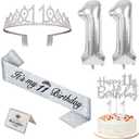 11th Birthday Decorations for Girls Silver with 11th Birthday Sash and Tiara, Cake Topper and Candles, Silver Number Balloons, Gifts for 11 Year Old Girls