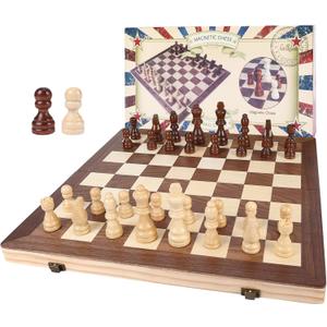 Gothink Chess Set Board Games for Adults, 15'' Handcrafted Wooden Game Board with 2 Extra Pawn Pieces & Storage Box Instructions, Folding Chess Game for Tournament Professional Beginner - Non-Magnetic