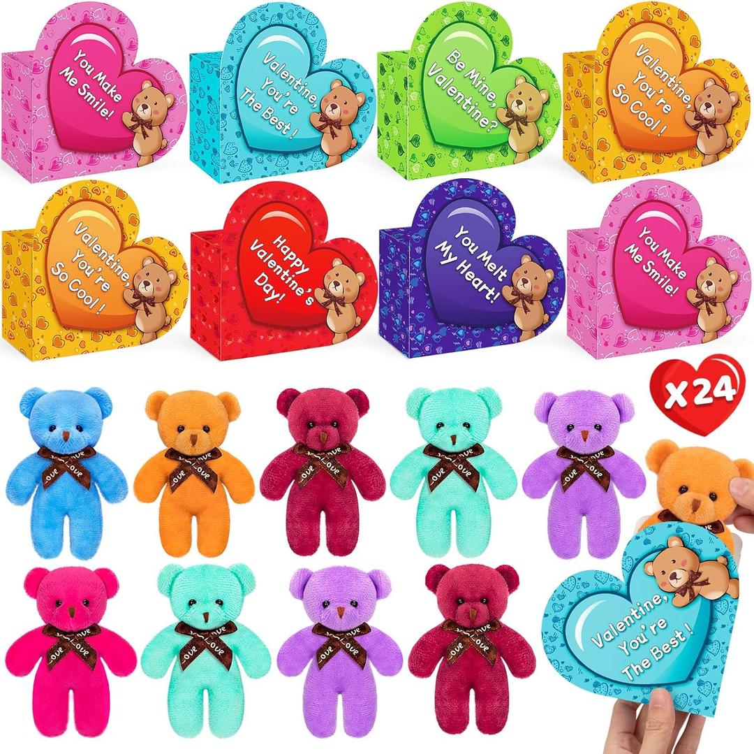 BAYSING Valentines Day Cards for Kids School, 24 Pack Stuffed Bears Keychains Plush Toys, Valentine Day Party Favors for Boys Girls, Ideal Exchange Cards for Classroom