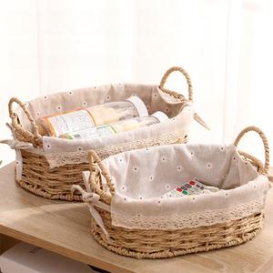GIB Small Wicker Storage Baskets for Organizing, Decorative Woven Baskets with Handles & Liners, Boho Paper Rope Serving Baskets Trays for Shelves & Gifts, Set of 2 (Beige-Oval)