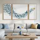 Extra Large 3 Piece Framed Blue White Coastal Fish Wall Art for Living Room, 80" W x 40" H Overall, 3pcs, Blue & White A