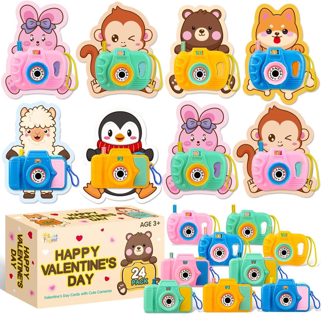 SpringFlower 24 Pack Valentines Day Cards for Kids School with Camera Viewers Toy Set, Valentines Day Gifts Cards for Kids Classroom Exchange, Valentines Party Favors Prizes for Boys Girls