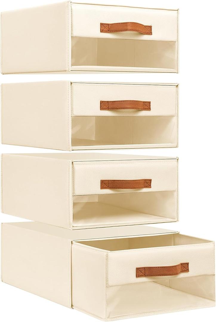 DIMJ Closet Organizers and Storage - Fabric Bins with Drawers for Closet Foldable Clothes Organizers with Clear Window, Stackable Storage Drawers for Bedroom, Living Room, 4-Pack, Beige