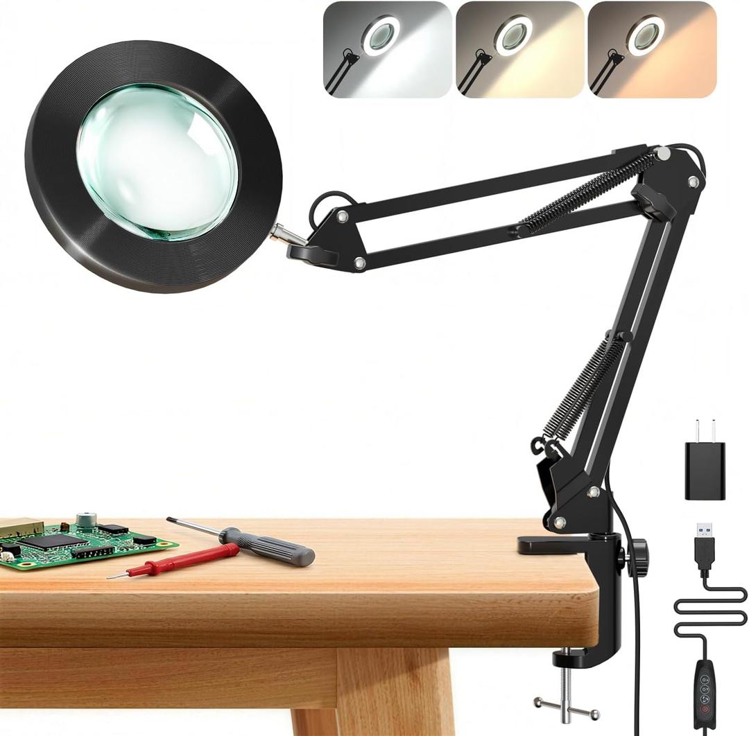10X Magnifying Glass with Light and Clamp, ZAPLIT 4.3” Real Glass Lens Magnifier Desk Lamp, Metal Swing Arm LED Ring Light with 3 Color Modes & 10 Brightness Levels for Crafts Painting Nail Art Repair