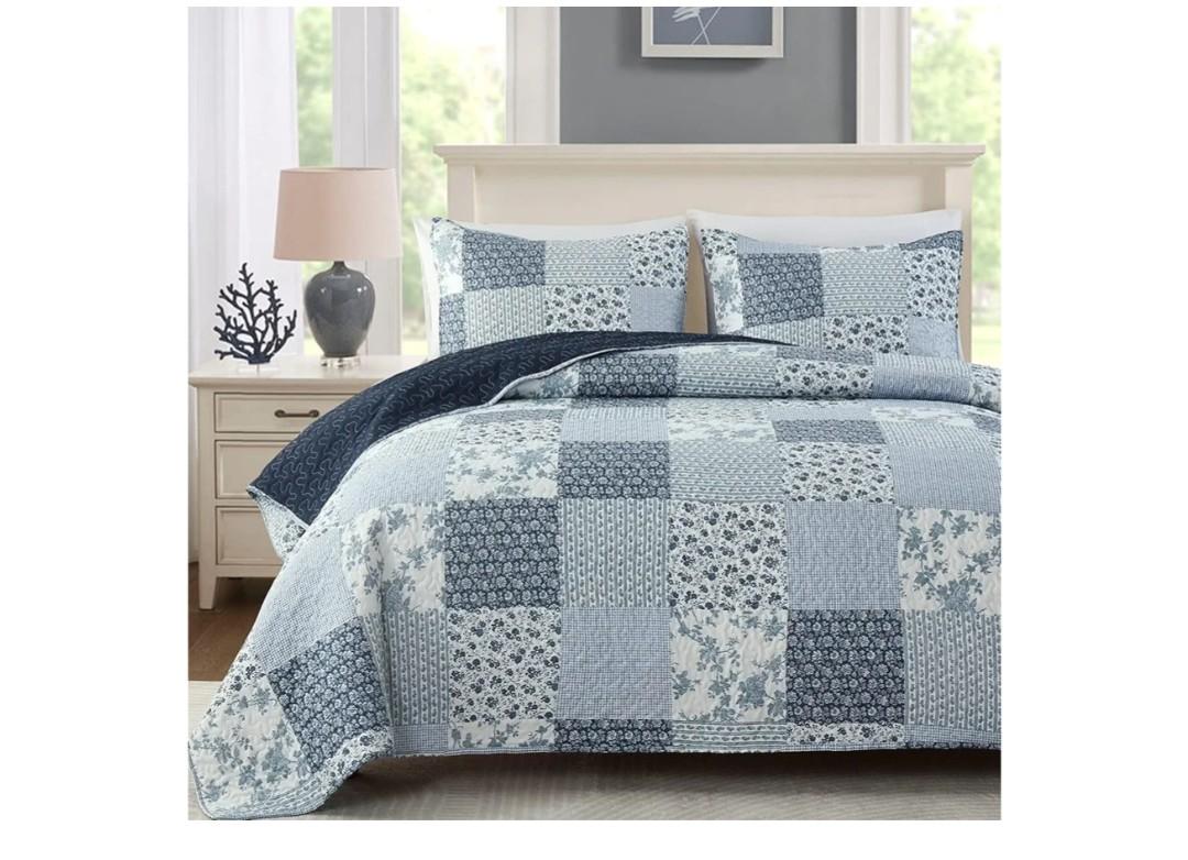 Boryard Twin Size Quilt Set, 2-Piece Lightweight Soft Full Size Quilt Patchwork Bedspread Coverlet Bedding Set with 1 Pillow Sham, Blue Plaid Print