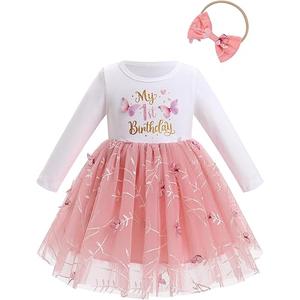IBTOM CASTLE First Birthday Outfit Baby Girl Long Sleeve Embroidered Tutu Princess Dress and Headband Cake Smash Outfit 9-12M