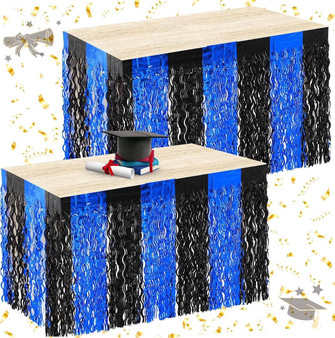 Oudain 2026 Graduation Party Decorations 2 Pack Blue and Black Wavy Metallic Tinsel Foil Fringe Table Skirts for Prom and Grad Party Birthday Decor Rectangle and Round Table Supplies
