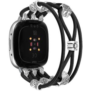 Newlibery Beaded Bracelet Compatible with Fitbit Versa 4/Versa 3/Sense 2/Sense Bands Women, Boho Soft Elastic Stretchy Nylon Braided Strap Fancy Dressy Charms Wristband for Fitbit Smartwatch, Size: M-Fit wrist 6.0"-6.5"