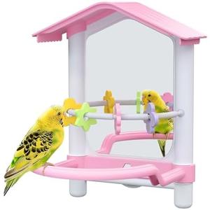 8.1 Inch Pet Bird Mirror with Perch Stand and Parakeet Chew Toys,Parrot Toys Bird Cage Decorative Accessory, Helps Birds Release Stress for Canaries Budgies Lovebirds Conures Cockatiels (Pink)