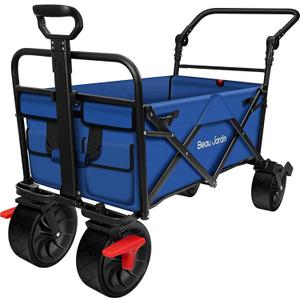 BEAU JARDIN Collapsible Foldable Push Pull Folding Beach Wagon 350lbs Heavy Duty Utility Camping Grocery Garden Sport Wagon with All Terrain Sand Wheels and Brakes Blue (Medium)