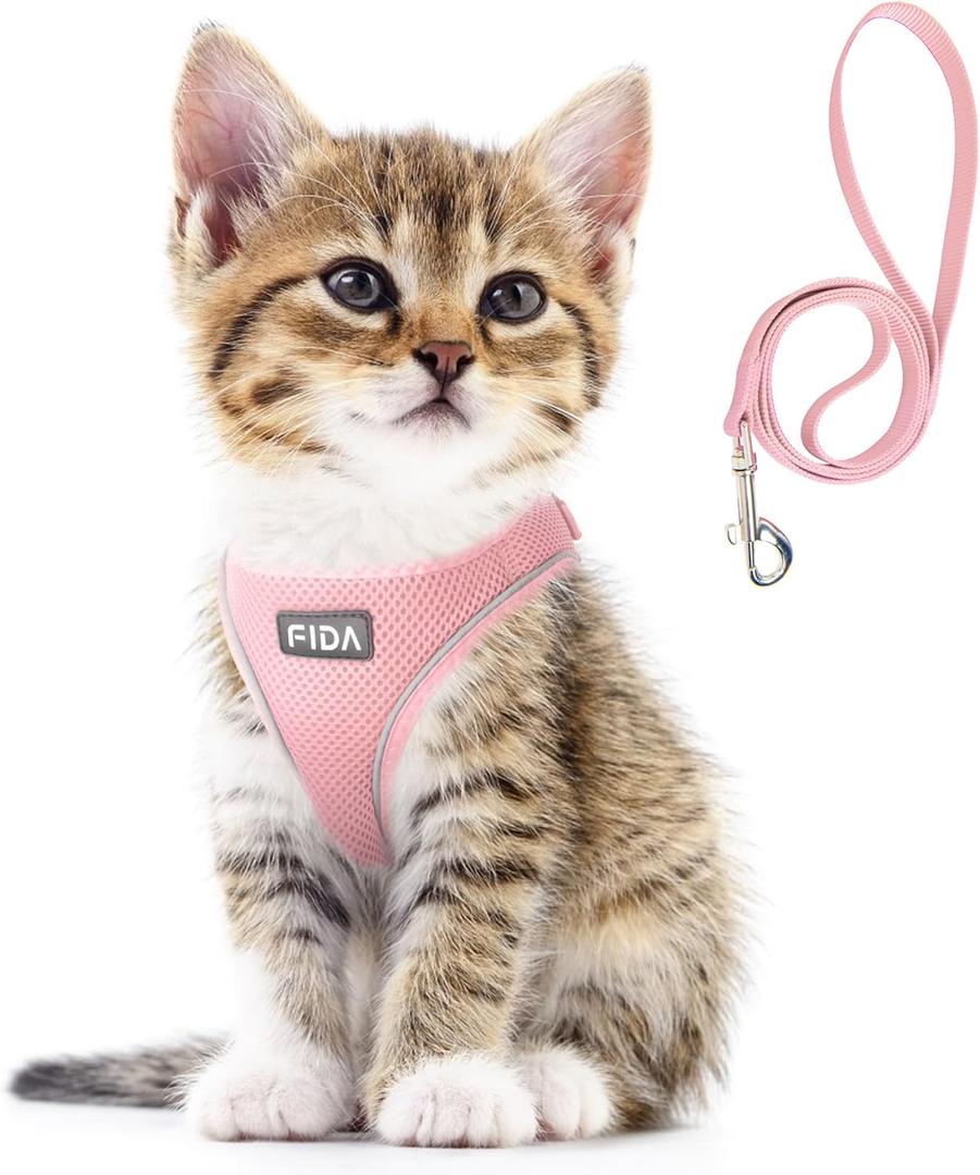 Fida Cat Harness and Leash Set for Walking Kitten and Puppy, Escape Proof Kitten Harness with Breathable Lightweight Soft Mesh, Adjustable Reflective Step-in Design. (Pink) (XXXS (Neck:10.2"-11.4"; Girth:11.4"-12.6"))