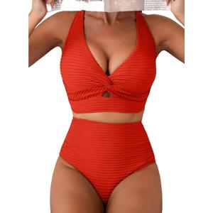 Herseas Textured 2 Piece Bikini Sets for Women Twist Front High Waisted Push Up Swimsuits Ladies Sexy Bathing Suits Flattering Beach Vacation Clothes Fiery Red Medium