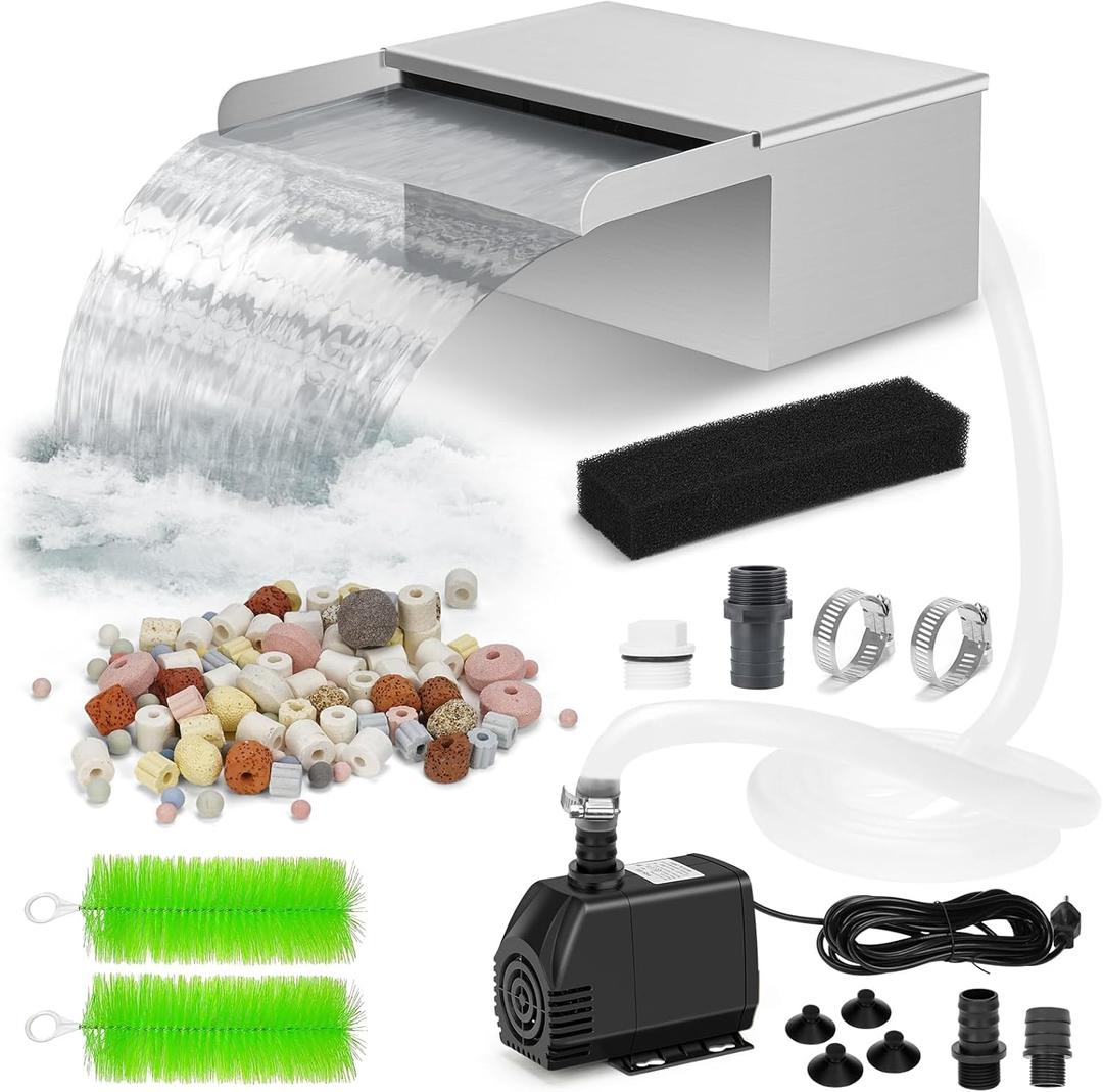 Pond Waterfall Spillway with Filter and Pump Kit - 304 Stainless Steel Ponds Waterfall Box,800 GPH Pump,9.8FT Oxford Hose,Garden Water Features